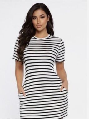 Reformation Jeans Black & White Striped Crewneck Tee Sustainable Dress